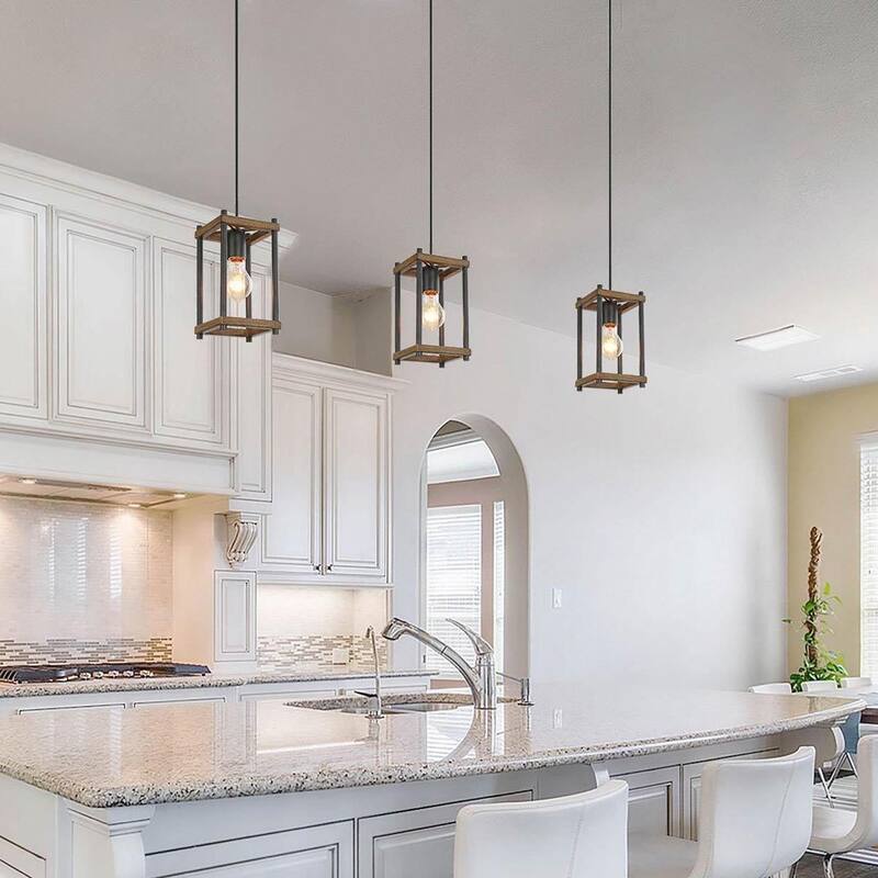 Farmhouse Hanging Ceiling Pendant Rods Lighting Fixture Faux Wood L5